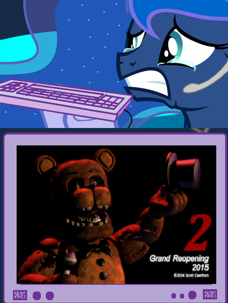 Size: 563x748 | Tagged: derpibooru import, exploitable meme, five nights at freddy's, gamer luna, it's happening, meme, obligatory pony, princess luna, safe, sequel, this will end in death, this will end in tears, this will end in tears and/or death, tv meme