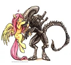 Size: 958x870 | Tagged: alien, alien (franchise), artist:kenket, crossover, cute, derpibooru import, duo, fluttershy, flying, heart, hnnng, hug, safe, shyabetes, xenomorph