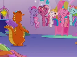 Size: 640x480 | Tagged: cheerilee (g3), derpibooru import, g3, g3.5, jumping, pinkie pie (g3), rainbow dash (g3), safe, screencap, smiling, starsong, that's what makes a friend, toola roola, twinkle wish, twinkle wish adventure, whimsey weatherbe