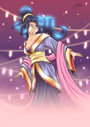 Size: 2894x4093 | Tagged: alternate hairstyle, artist:lovelyneckbeard, breasts, chang'e, chinese text, cleavage, clothes, derpibooru import, dress, female, gown, grin, human, humanized, lantern, mid-autumn festival, moon, princess luna, shawl, smiling, solo, solo female, suggestive