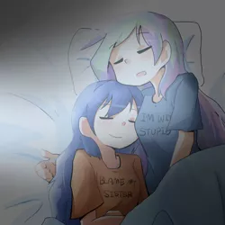 Size: 800x800 | Tagged: artist:gyaheung, bed, blame my sister, blushing, clothes, derpibooru import, eyes closed, human, humanized, i'm with stupid, open mouth, princess celestia, princess luna, safe, shirt, sleeping, smiling