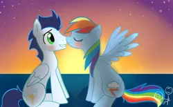 Size: 1024x634 | Tagged: safe, artist:rflzqt, derpibooru import, rainbow dash, soarin', backwards cutie mark, blushing, boop, female, male, noseboop, nuzzling, old cutie mark, shipping, soarindash, straight