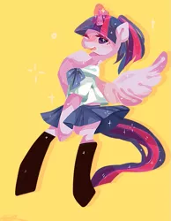 Size: 597x768 | Tagged: safe, artist:torii, derpibooru import, twilight sparkle, twilight sparkle (alicorn), alicorn, pony, bipedal, clothes, female, mare, pixiv, ponytail, school uniform, solo