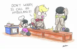 Size: 2219x1422 | Tagged: safe, artist:bobthedalek, derpibooru import, octavia melody, oc, oc:mixed melody, oc:octavia's father, oc:octavia's mother, oc:ostinato melody, earth pony, pony, baked bads, bow, bowtie, chef's hat, clothes, cooking, dress, female, filly, hair bow, hat, mouth hold, nausea, oven, pan, phone, spatula, table, younger