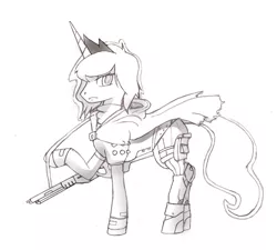 Size: 1390x1252 | Tagged: artist:i am nude, awoken, cloak, clothes, cosplay, costume, derpibooru import, destiny (game), gun, looking at you, monochrome, princess luna, safe, shoes, solo, source needed, weapon