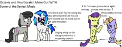 Size: 1343x519 | Tagged: safe, artist:fifthcru5ader, derpibooru import, ballad, octavia melody, symphony, vinyl scratch, blushing, careless whisper (song), female, laughing, lesbian, scratchtavia, shipping, singing