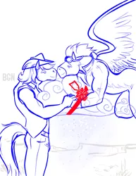 Size: 616x800 | Tagged: safe, artist:bgn, derpibooru import, braeburn, soarin', anthro, baraburn, christmas, clothes, cloud, cute, explicit source, gay, holiday, imminent kissing, male, present, shipping, snow, soarburn, uniform, winter, wonderbolts uniform