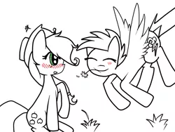 Size: 1024x768 | Tagged: safe, artist:nijineko99, derpibooru import, applejack, rainbow dash, appleblitz (straight), appledash, blushing, colt meets mare, eyes closed, female, flower, flower in mouth, flying, half r63 shipping, lesbian, lineart, love, male, monochrome, mouth hold, rainbow blitz, raised hoof, rule 63, shipping, sitting, smiling, straight