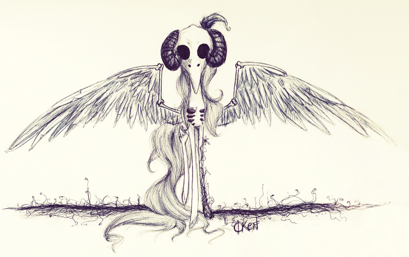 Size: 5237x3292 | Tagged: absurd resolution, artist:okendesu-006, bird, bone, derpibooru import, fluttershy, monochrome, raven (bird), semi-grimdark, skeleton, skinny, solo