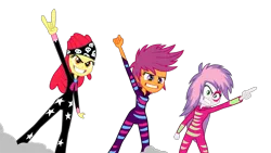 Size: 1280x720 | Tagged: safe, artist:poniiandii, derpibooru import, apple bloom, scootaloo, sweetie belle, equestria girls, rainbow rocks, .svg available, clothes, cutie mark crusaders, devil horn (gesture), grin, pointing, show stopper outfits, simple background, smiling, svg, transparent background, vector