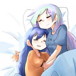 Size: 800x800 | Tagged: artist:gyaheung, bed, blame my sister, clothes, cuddling, derpibooru import, duo, eyes closed, female, human, humanized, i'm with stupid, princess celestia, princess luna, royal sisters, safe, shirt, siblings, sisters, snuggling