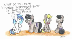 Size: 2337x1296 | Tagged: safe, artist:bobthedalek, derpibooru import, octavia melody, vinyl scratch, oc, oc:mixed melody, oc:octavia's father, oc:octavia's mother, oc:ostinato melody, earth pony, pony, unicorn, backwards cutie mark, race swap, rule 63, unamused