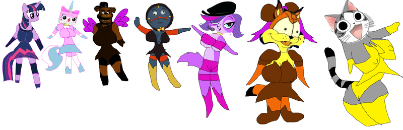 Size: 7128x2296 | Tagged: 1000 hours in ms paint, artist needed, bubsy, chi, chi's sweet home, crossover, derpibooru import, don't hug me i'm scared, five nights at freddy's, freddy fazbear, lego, ms paint, no, safe, source needed, the lego movie, tony the talking clock, twilight sparkle, unikitty, wat, wtf, zoe trent