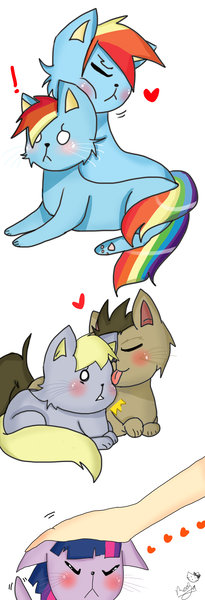 Size: 1024x3000 | Tagged: safe, artist:megaimpact, derpibooru import, derpy hooves, doctor whooves, rainbow dash, time turner, twilight sparkle, cat, :3, :<, blushing, catified, dashblitz, doctorderpy, exclamation point, eyes closed, female, floppy ears, heart, licking, male, petting, prone, rainbow blitz, rainbow cat, rule 63, self ponidox, selfcest, shipping, smiling, species swap, straight, surprised, tongue out, twilight cat