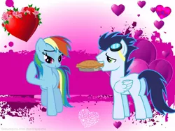 Size: 600x450 | Tagged: safe, artist:celinesparkle, derpibooru import, rainbow dash, soarin', female, food, heart, male, pie, shipping, soarindash, straight, that pony sure does love pies