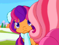 Size: 640x480 | Tagged: safe, derpibooru import, screencap, cheerilee (g3), pinkie pie (g3), rainbow dash (g3), scootaloo, scootaloo (g3), toola roola, earth pony, pony, twinkle wish adventure, :p, angry, animated, blinking, clothes, cute, cutealoo, eye contact, female, filly, frown, g3.5, head tilt, hot air balloon, leaning, looking at each other, raspberry, scarf, siblings, silly, sisters, tongue out