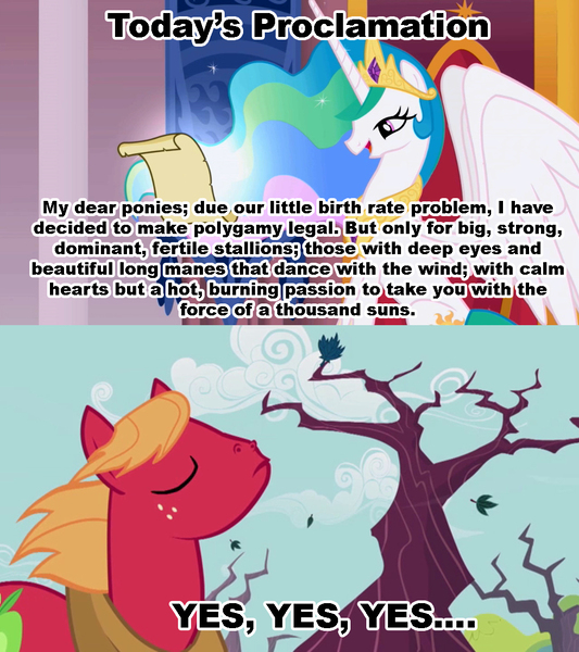 Size: 1021x1149 | Tagged: suggestive, derpibooru import, edit, edited screencap, screencap, big macintosh, princess celestia, alicorn, earth pony, pony, celestia's proclamation, comic, exploitable meme, female, implied sex, male, mare, meme, stallion