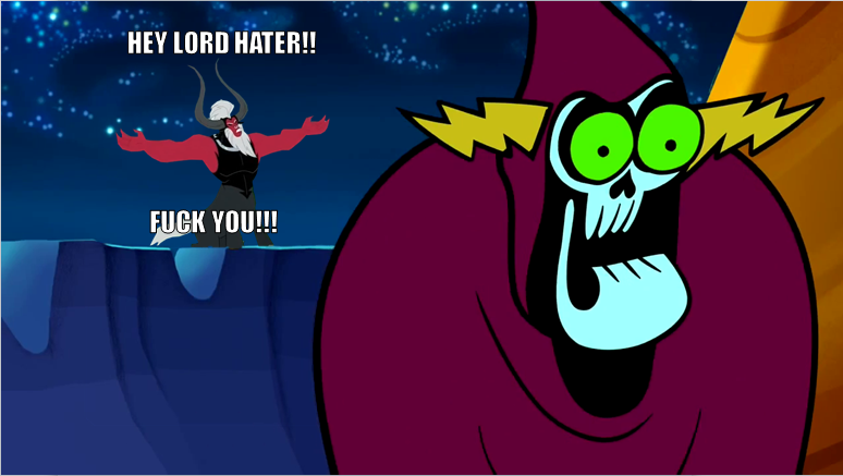 Size: 774x437 | Tagged: derpibooru import, exploitable meme, fuck you, lord hater, lord tirek, lord tirek's outstretched arms, meme, safe, the picnic, vulgar, wander over yonder