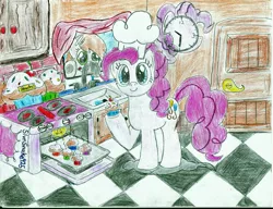 Size: 3304x2544 | Tagged: safe, artist:slvrsnake925, derpibooru import, derpy hooves, pinkie pie, pegasus, pony, cake, chef's hat, clock, cooking, female, food, hat, mare, oven, traditional art