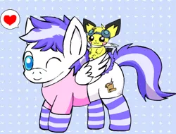 Size: 377x287 | Tagged: safe, artist:pichu90, derpibooru import, oc, unofficial characters only, pegasus, pichu, pony, abstract background, clothes, crossover, dressup, duo, pokémon, pokémon riding ponies, riding, socks, striped socks