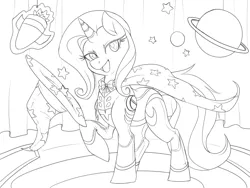 Size: 800x600 | Tagged: safe, artist:mr-tiaa, derpibooru import, trixie, pony, unicorn, alternate costumes, cape, clothes, female, hat, mare, monochrome, open mouth, solo, space, stage, trixie's cape, trixie's hat