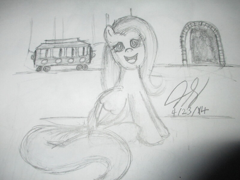 Size: 4608x3456 | Tagged: artist:thegreatmewtwo, crossover, derpibooru import, fluttershy, mister rogers, mister rogers' neighborhood, monochrome, safe, solo, traditional art, trolley