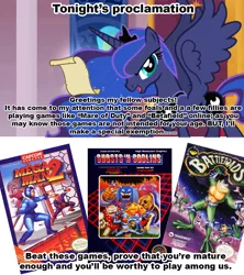 Size: 1021x1149 | Tagged: battletoads, derpibooru import, ghost and goblins, luna's proclamation, megaman, nintendo entertainment system, princess luna, safe, this will end in tears