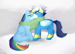 Size: 700x500 | Tagged: safe, artist:gilouw, derpibooru import, rainbow dash, soarin', clothes, cold, female, male, scarf, shared clothing, shared scarf, shipping, soarindash, straight, uniform, wonderbolts uniform