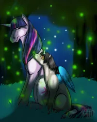 Size: 800x1000 | Tagged: adopted offspring, alicorn, alicorn oc, artist:phenoxfire, derpibooru import, female, firefly (insect), grass, horn, horse, hybrid, insect, interspecies offspring, mother and child, mother and daughter, night, oc, oc:pandora sparkle, offspring, parent:discord, parents:discolight, parent:twilight sparkle, safe, sitting, smiling, twilight sparkle, wide eyes, wings