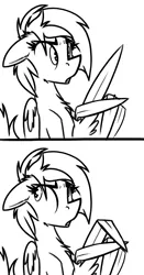 Size: 1525x2921 | Tagged: source needed, safe, artist:ralek, derpibooru import, oc, oc:sapphire sights, unofficial characters only, pegasus, pony, 2 panel comic, black and white, can't argue with that, comic, confused, ear fluff, female, floppy ears, frown, grayscale, looking back, mare, monochrome, open mouth, reaction image, shifty eyes, sitting, solo, speechless, thinking, wide eyes, wing hands, wings
