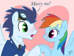 Size: 1024x768 | Tagged: safe, artist:tasticstarlight, derpibooru import, rainbow dash, soarin', blushing, clothes, crying, dialogue, female, goggles, heart, holding hooves, male, marriage proposal, shipping, soarindash, straight, tears of joy, uniform, wonderbolts dress uniform