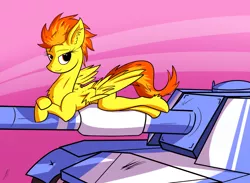 Size: 900x658 | Tagged: safe, artist:djp15, derpibooru import, spitfire, pegasus, pony, apc227, female, prone, sexy, smiling, solo, stupid sexy spitfire, tank (vehicle)