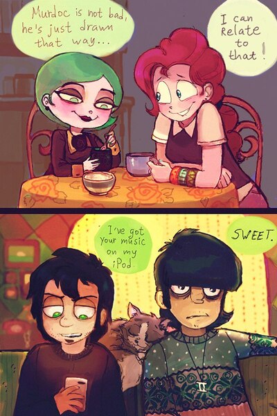 Size: 600x900 | Tagged: artist:technaro, cherry (studio killers), comic, crossover, crossover shipping, dan, dan pie, dan vs, derpibooru import, female, gorillaz, human, humanized, ipod, male, mr mumbles, mug, murdoc, pinkie pie, safe, shipping, straight