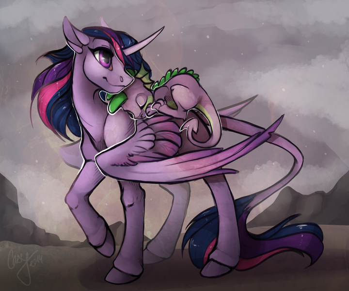 Size: 1280x1067 | Tagged: safe, artist:casynuf, derpibooru import, spike, twilight sparkle, twilight sparkle (alicorn), alicorn, pony, carrying, leonine tail