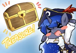 Size: 500x354 | Tagged: ><, artist:gyaheung, blushing, clothes, derpibooru import, eyes closed, international talk like a pirate day, open mouth, pirate, princess luna, safe, solo, talk like a pirate day, treasure chest, xd