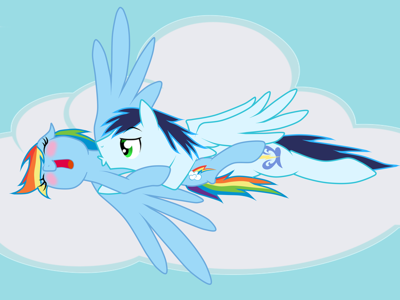 Size: 1024x768 | Tagged: safe, artist:rainbow-deathblow, artist:rulette, derpibooru import, rainbow dash, soarin', alternate hairstyle, backwards cutie mark, blushing, cloud, cuddling, eyes closed, female, hug, kissing, kissy face, laughing, male, on back, open mouth, prone, shipping, smiling, snuggling, soarindash, spread wings, straight, wings