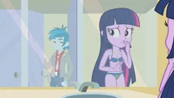 Size: 1326x746 | Tagged: suggestive, derpibooru import, edit, edited edit, thunderbass, twilight sparkle, human, equestria girls, equestria girls (movie), background human, bedroom eyes, bra, breasts, cleavage, clothes, erection, fetish, humanized, panties, penis, pissing, stall, underwear, underwear edit, urine, watersports, wetting, worried