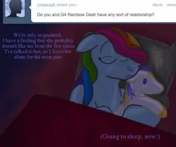 Size: 577x482 | Tagged: artist:ratdust, ask, ask g3 dashie, bed, derpibooru import, g3, rainbow dash, rainbow dash (g3), safe, sleeping, solo, tumblr