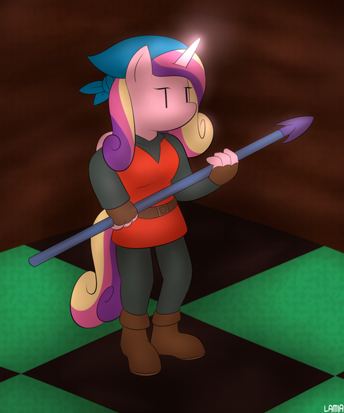 Size: 1000x1200 | Tagged: safe, artist:lamia, derpibooru import, princess cadance, anthro, cadence (crypt of the necrodancer), clothes, crypt of the necrodancer, explorer, female, pun, solo, spear, visual pun, weapon