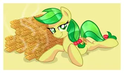 Size: 1024x606 | Tagged: apple family member, apple fritter, apple fritter (food), artist:xwhitedreamsx, bedroom eyes, derpibooru import, food, looking at you, lying down, safe, solo, steam
