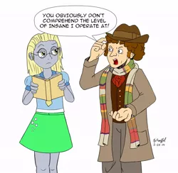 Size: 800x782 | Tagged: artist:cartoon-eric, book, bright eyes (mirror universe), clothes, derpibooru import, derpy hooves, doctor who, fourth doctor, glasses, human, humanized, mirror universe, safe, skirt, tom baker
