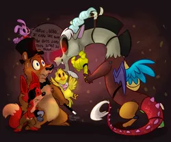 Size: 1600x1333 | Tagged: artist:thedoggygal, bonnie, chica, crossover, derpibooru import, discord, five nights at freddy's, fox, foxy, freddy fazbear, role reversal, safe, sweat