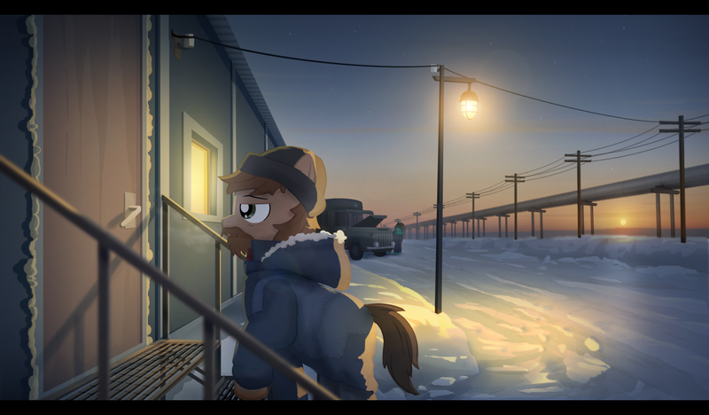 Size: 1920x1122 | Tagged: safe, artist:gign-3208, derpibooru import, earth pony, pony, arctic, beard, car, clothes, facial hair, hat, overalls, pipe (plumbing), scenery, snow, truck, winter