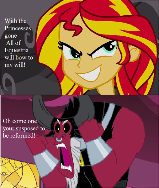 Size: 912x1080 | Tagged: safe, derpibooru import, lord tirek, sunset shimmer, equestria girls, everyone steals tirek's meme, exploitable meme, meme, misspelling of you're, scorpan's necklace, tirek vs everyone meme