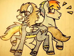 Size: 1024x768 | Tagged: safe, artist:pimpartist101, derpibooru import, rainbow dash, soarin', blushing, female, lined paper, male, rainbow blitz, rule 63, shipping, soarindash, straight, traditional art