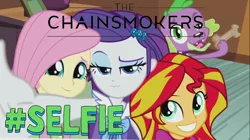 Size: 1280x716 | Tagged: safe, derpibooru import, edit, edited screencap, screencap, fluttershy, rarity, spike, sunset shimmer, dog, equestria girls, rainbow rocks, #selfie, photobomb, selfie, spike gets all the mares, spike the dog, straight, the chainsmokers