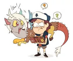 Size: 600x500 | Tagged: artist:raichi, boo, book, crossover, derpibooru import, dipper pines, discord, eris, gravity falls, journal #3, question mark, rule 63, safe