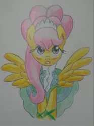 Size: 1931x2589 | Tagged: safe, artist:theroyalprincesses, derpibooru import, fluttershy, green isn't your color, clothes, modelshy, solo, traditional art