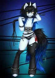 Size: 636x900 | Tagged: anklet, anthro, armpits, artist:tt-n, bipedal, black underwear, bracelet, cat o' ninetails, choker, clothes, collar, corset, derpibooru import, ear piercing, female, garter belt, garters, grin, jewelry, looking at you, messy mane, oc, oc:louder speakers, panties, piercing, semi-anthro, smiling, solo, solo female, stockings, suggestive, thigh highs, underwear, unguligrade anthro, unofficial characters only, whip
