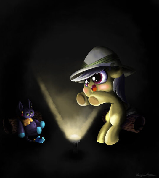 Size: 600x671 | Tagged: ahuizotl, artist:bunnimation, blushing, cute, daring do, daring dorable, dawing do, derpibooru import, doll, fangs, flashlight (object), foal, hat, open mouth, plushie, safe, sitting, smiling, solo, toy, underhoof, younger